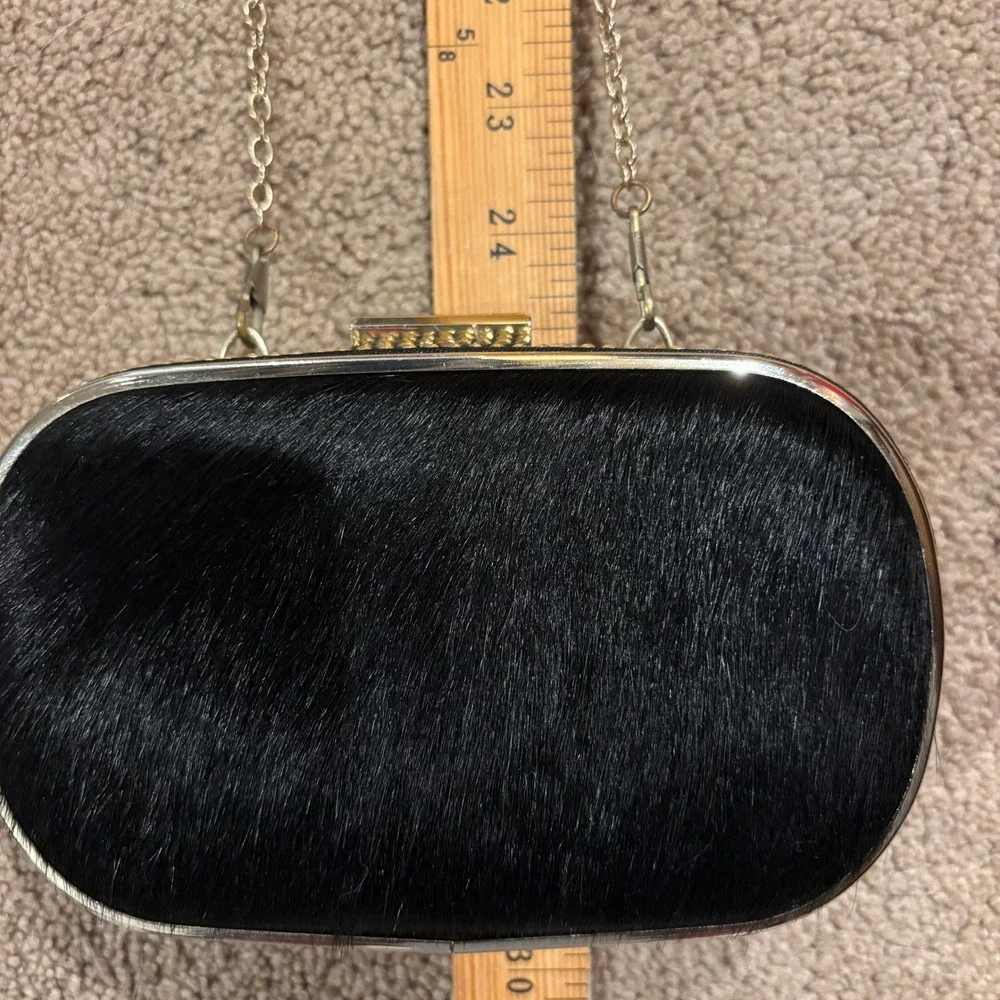 MMS‎ Black Pony Hair Studded Gold Frame Minaudiere Clutch Evening Bag